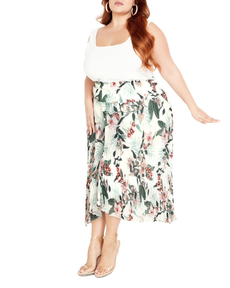 Front of a model wearing a size XL SKIRT NATALIE PRT in Ivory Maya Tigerlily by City Chic. | dia_product_style_image_id:293962